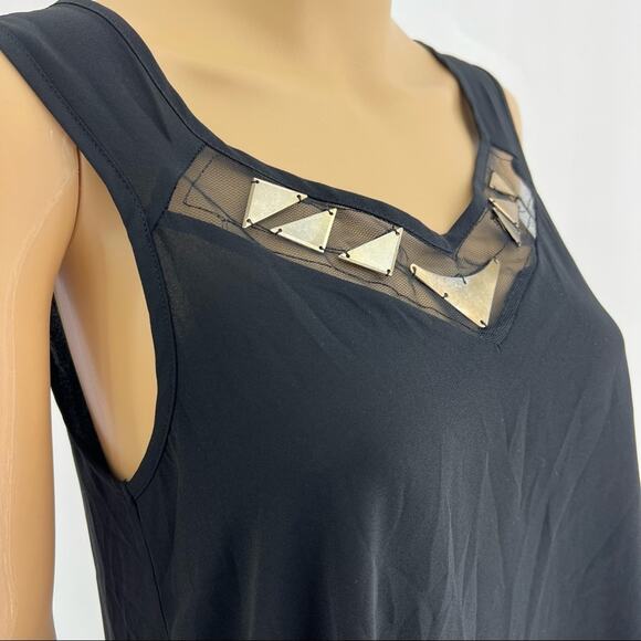 Lush MEDIUM Black Sheer Industrial Sleeveless Bronze Metal Statement Top Blouse - Picture 2 of 5